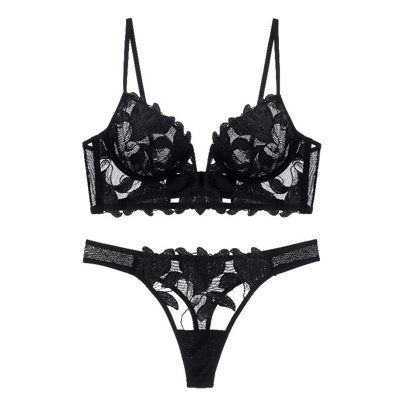 Sexy französische Spitze Stickerei Büstenhalter Dessous Set Damen Unterwäsche Set Push Up dünne Bralette Deep V BH und Höschen Set M schwarz