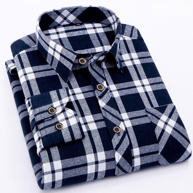 Männer Casual Shirts Langarm Chemise Homme Männlich Check Shirts Winter Baumwolle Top Mantel XXL dunkelblaue/weiß
