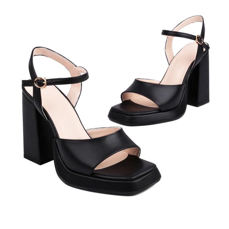 FOREADA Damen PU Leder Sandalen Plateau Dicke Super Hohe Absätze Peeptoe Knöchelriemen Schnalle Sexy Sommerschuhe Schwarz Orange 43 schwarz