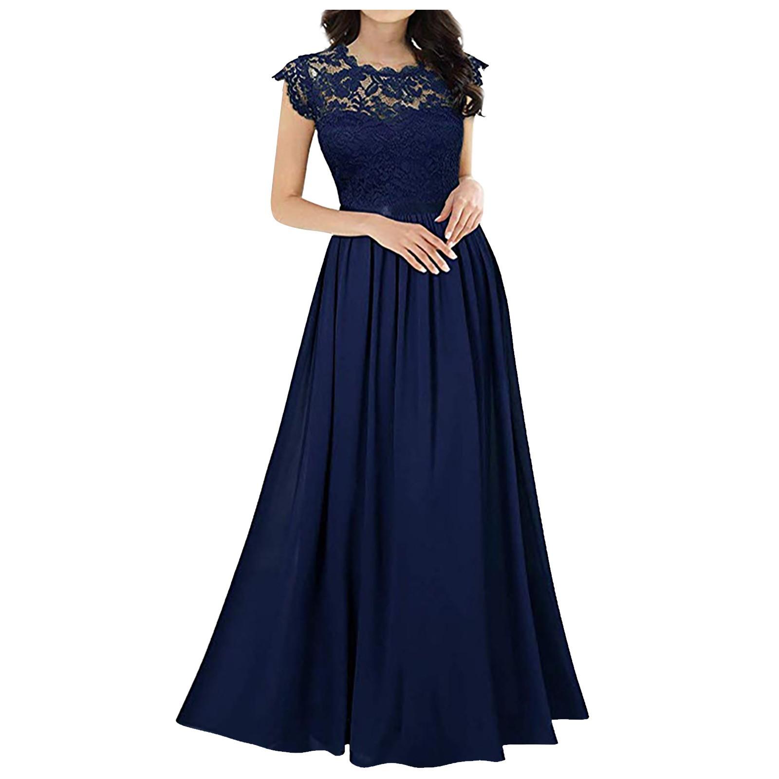 Chiffon-Kleid, Chiffon-Nähte, Spitzenkleid, Brautjungfern, Abendkleider für Damen M blau