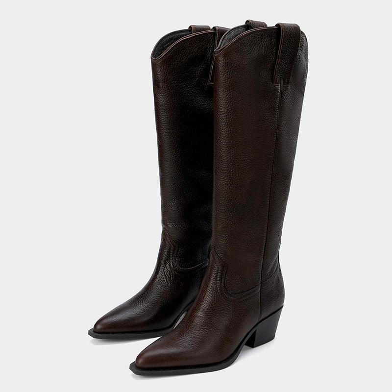 Klobige Absatz Kniehohe Stiefel Damen Frühling Herbst Lederschuhe Damen Western Cowboy Stiefel Britischer Stil Spitze Zehen Lange Stiefel 39
