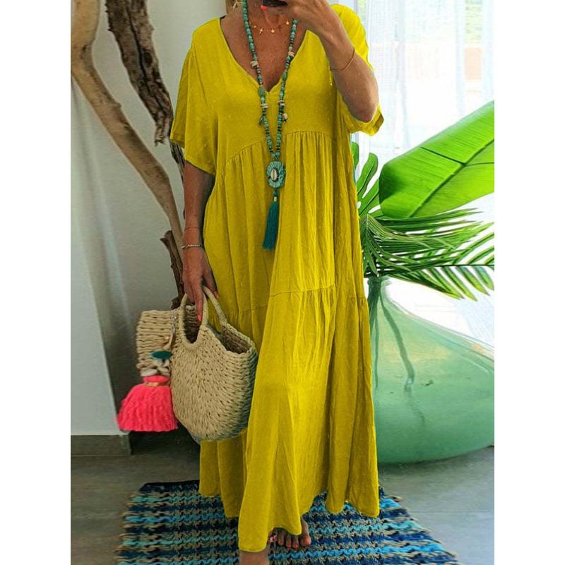 Damen Sommer Freizeit Baumwolle Leinen Kleid V-Ausschnitt Kurzarm A-Linie Sommerkleider Plissiert Fließend Locker Sitzend Lange Kleider 4XL gelb