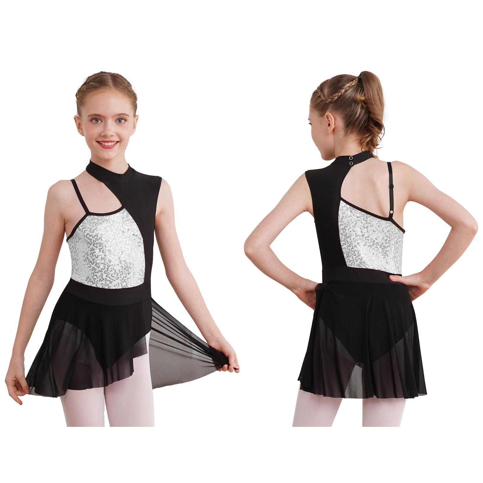 Lyrische Tanzkleid-Kostüme für Mädchen mit Stehkragen und Ausschnitt hinten für zeitgenössischen Balletttanz, Trikot-Wickelrock 5-6 Years silber