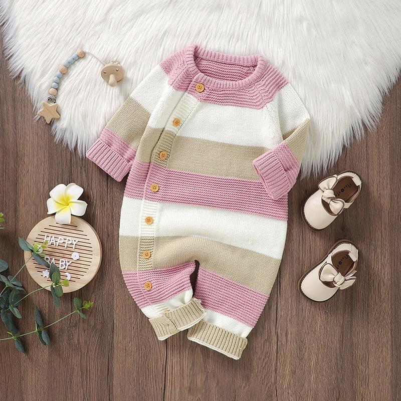 Winter Baby Strampler Kleidung Warm Strick Gestreiften Strampler Jungen Mädchen Overalls Herbst Ein Stück Herbst Infant Unisex Playsuits 6-9M rosa