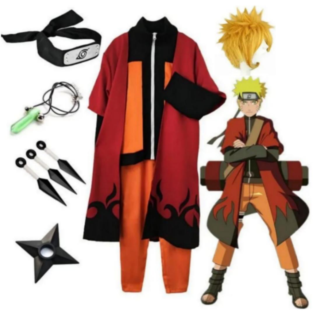 Naruto Uzumaki Akatsuki Cosplay Kostüm, Naruto Shippuden Klassischer Anime Charakter Jacke Hose Stirnband Perücke Outfit für Halloween Karneval Party 120 dargestellt