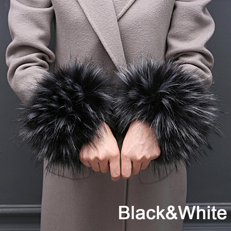 Damen-Armband, winddicht, elegant, Winter-Plüsch-Armband, Kunstfuchs-Pelz-Manschette, Oversleeve, warmes Armband für Arme schwarz/weiß