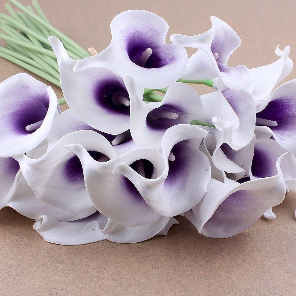 10 Stück künstliche Blumen, künstliche Blumen, Calla-Lilien, Braut-Hochzeitsstrauß, Kopf, Latex, fühlt sich echt an, Blumensträuße, Heim-Party-Dekoration 10pcs violett/weiß
