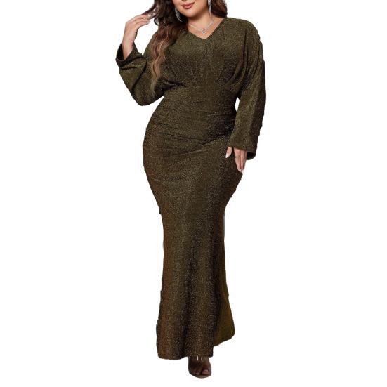 Abendkleid für Damen in Übergröße, V-Ausschnitt, lange Ärmel, hohe Taille, enges langes Kleid, einfarbig, glänzend, Fischschwanzkleid XL goldgelb