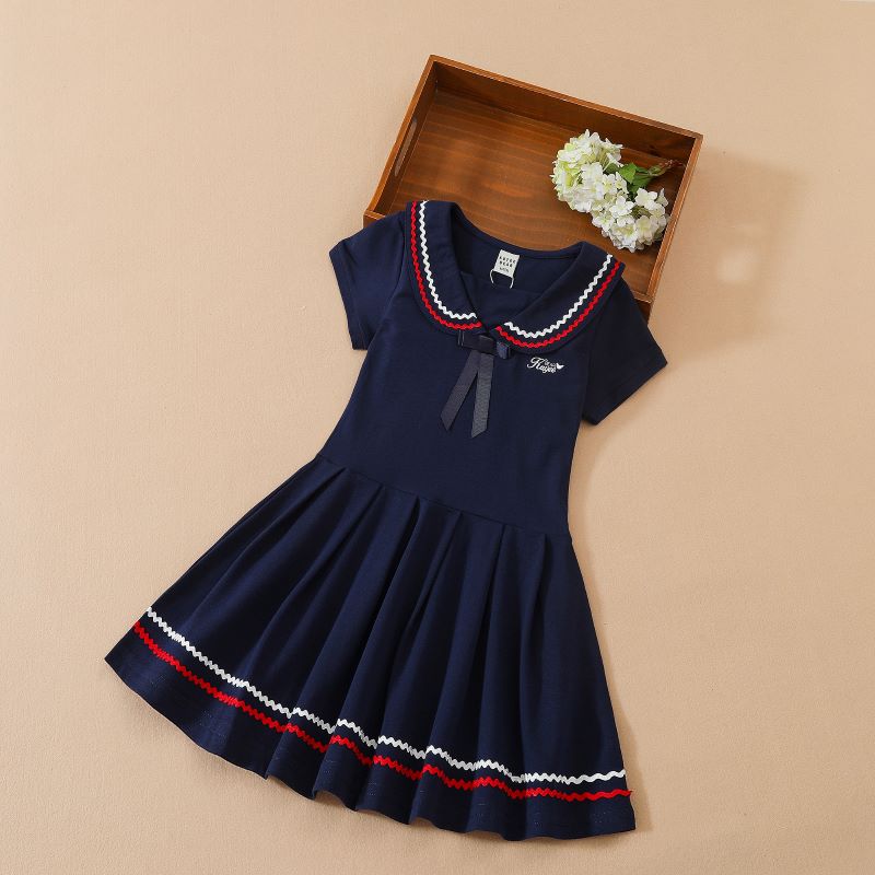 Kinder Sommer Kurzarm Kleid Mädchen Adrette Kinder Kleidung 6-12 Jahre Kinder Revers Mädchen Baumwolle Casual Prinzessin kleid 130 navy blau