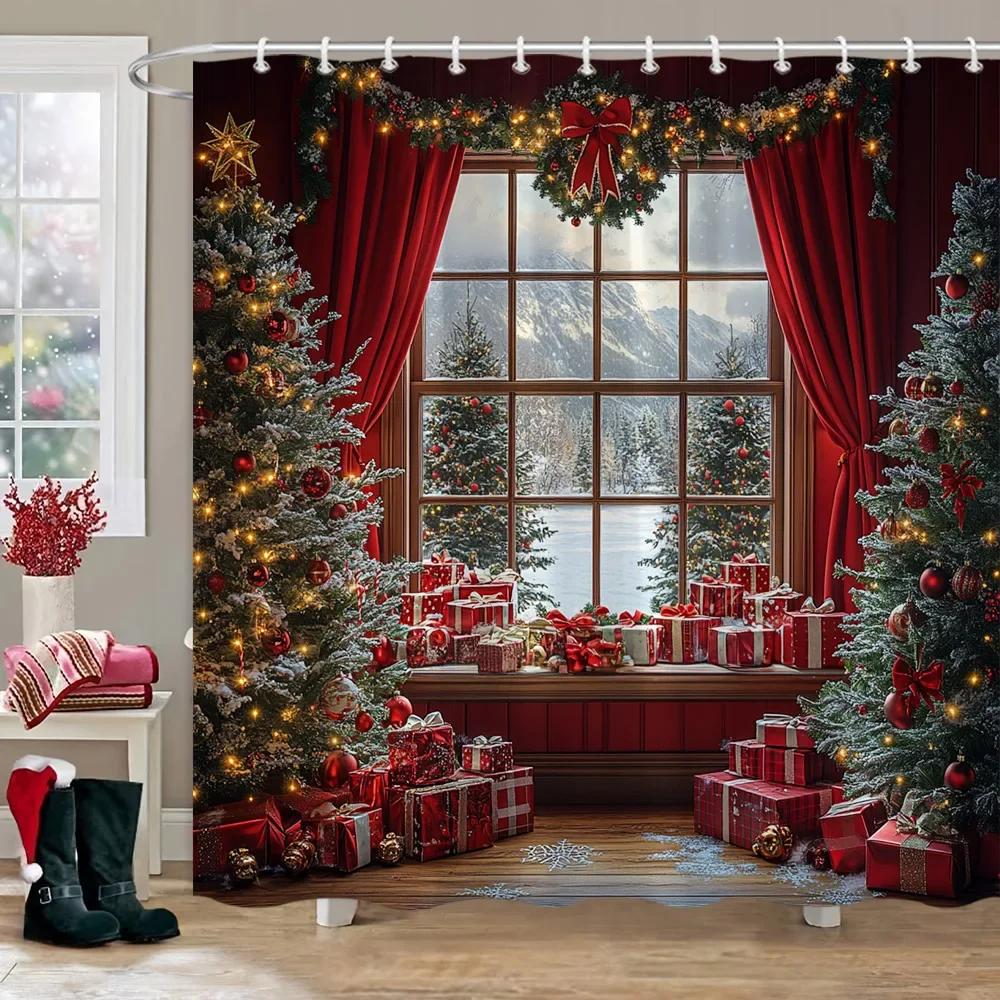 Weihnachtsgeschenke Duschvorhang Weihnachtsbaum Winterwald Zeder Naturlandschaft Home Wandbehang Stoff Badezimmer Vorhänge Dekor W165xH180cm