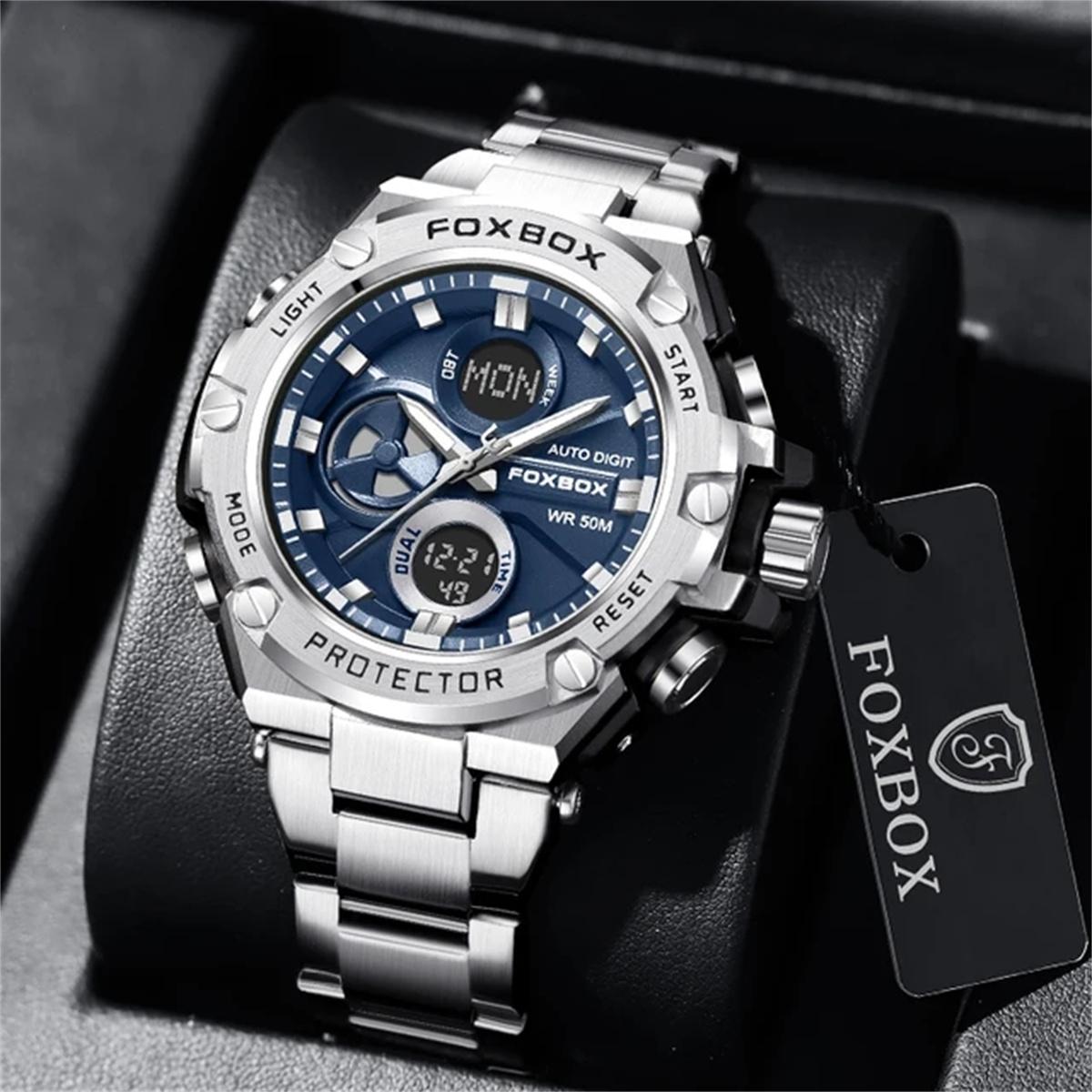 FOXBOX Business Herrenuhren, luxuriöse LED-Digital-Dualzeit-wasserdichte, leuchtende Edelstahl-Quarz-Armbanduhr blau/silber