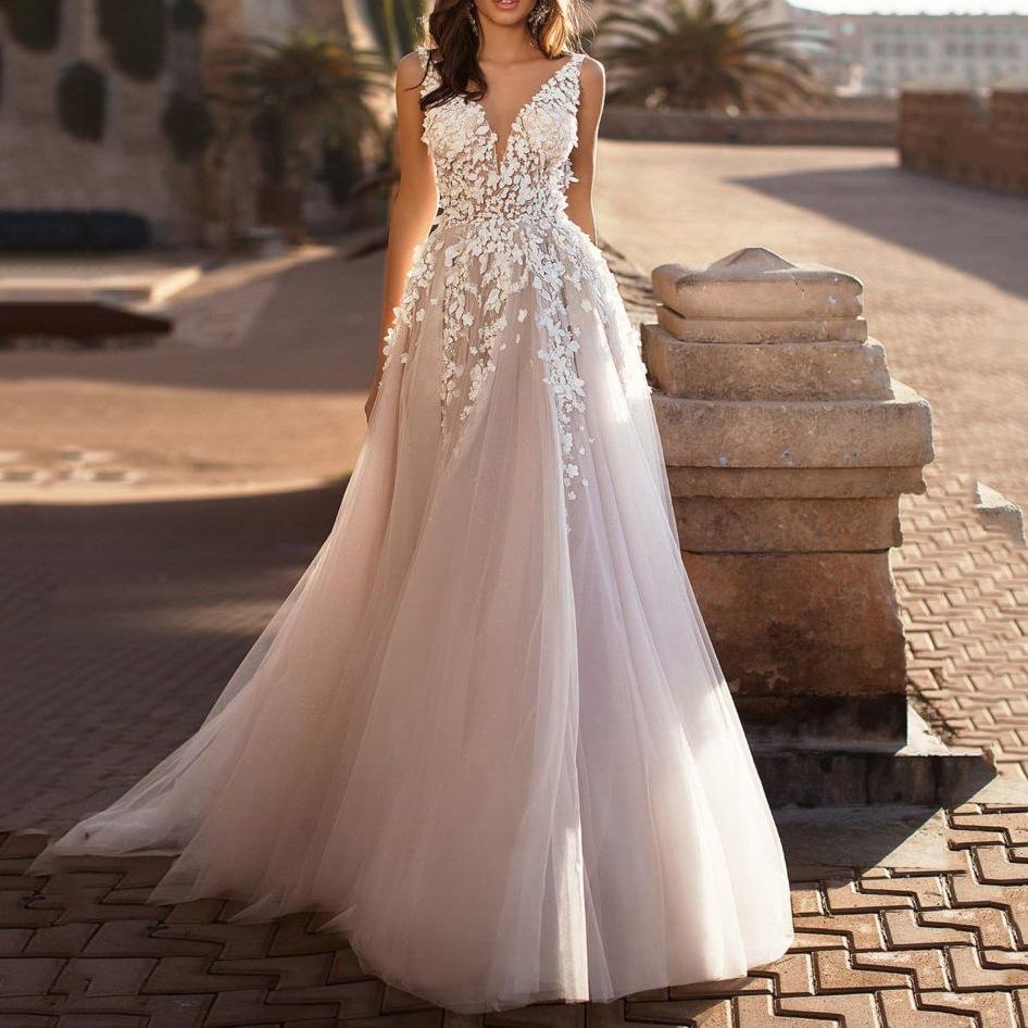 Damen Deep V-Ausschnitt Ärmellos A-Linie Hochzeitskleid Mittlere Taille 3D Blumenspitze Tüll Maxikleid Brautkleid L weiß