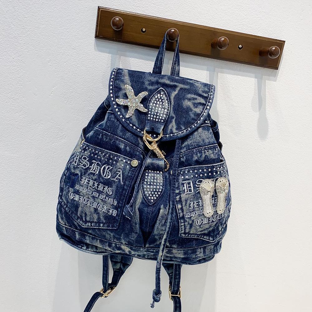 Luxus Denim Frauen Rucksack Hohe Qualität Anti Diebstahl Rucksäcke Weibliche Casual Rucksack Tasche Mädchen Designer Reise Rucksack blau