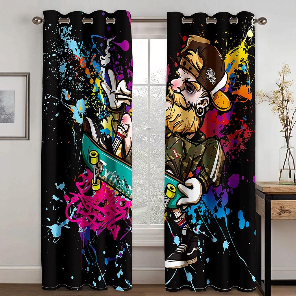 Kreative Graffiti Skateboard Vorhänge Minimalistisch Klassisch 2 Paneele Wohnzimmer Schlafzimmer Küche Balkon Fensterdeko Vorhänge 50W130H(CM)X2PCS&Grommet Top