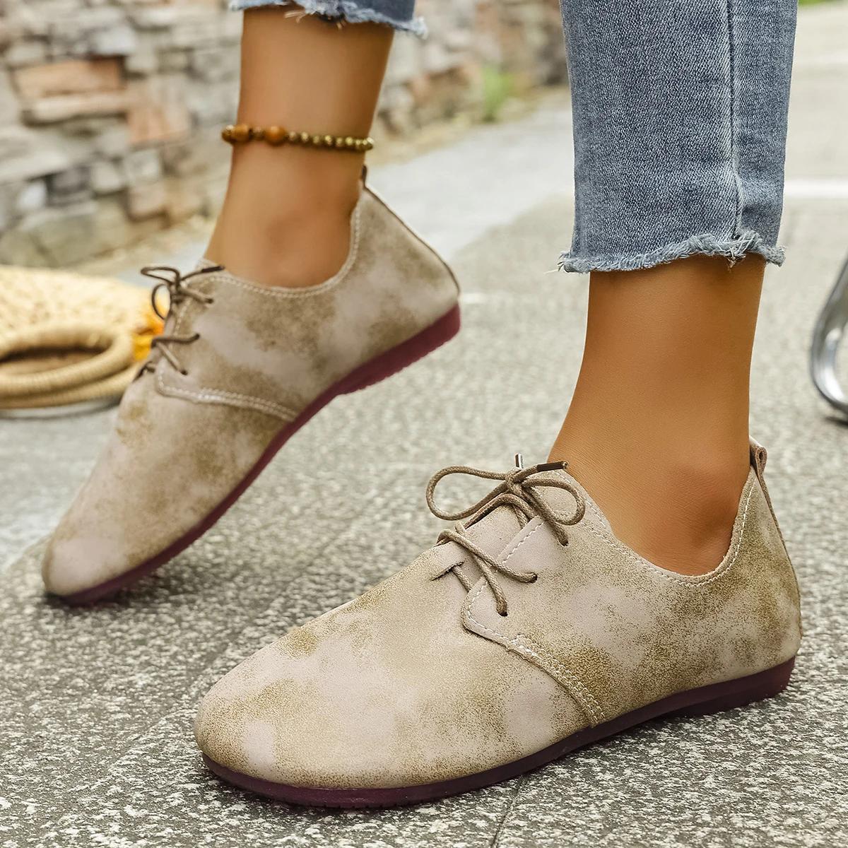 Mode Damen Schuhe 2025 Herbst Neue Mode Lässig Weiche Laufschuhe Trend Retro Damen Schnürflache Schuhe Zapatillas De Deporte 36 beige