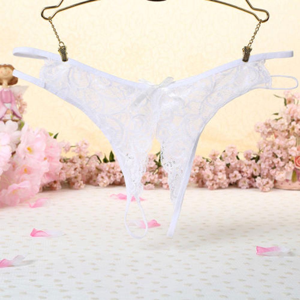 TBH Spitzenhöschen Ouvert Unterwäsche Tangas Damen G-String Blumenschleife Slips weiß