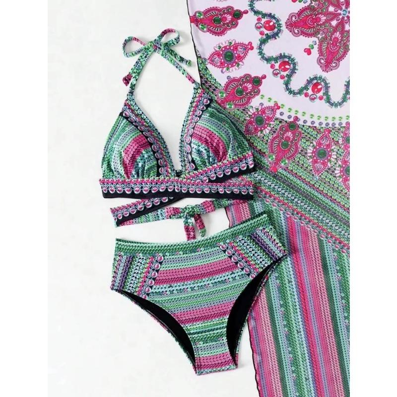Vintage National Bikini Badeanzug mit Netz-Cover-Ups Überkreuztes Neckholder-Bikini 3-teiliges Set Blau/Grün/Rot Hohe Taille Strandbekleidung XL