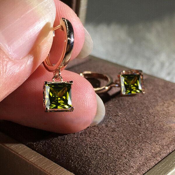 Rose Gold Silber Farbe Luxus Princess Cut Weiß Blau Rot Grün Stein Tropfen Ohrstecker Damen Hochzeit Schmuck Geschenke olivgrüne/rose gold