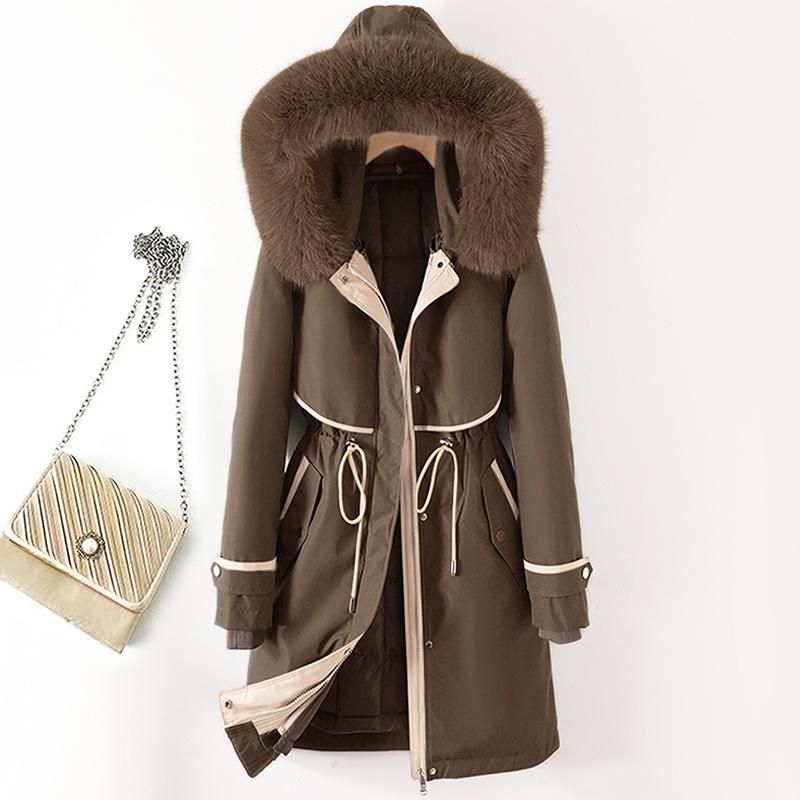 Faux Pelz Kragen Lange Jacken für Frauen Winter Neue Liner Abnehmbare Weibliche Gepolsterte Mantel Winter Koreanischen Stil Parkas Mit Kapuze 6XL kaffeebraun