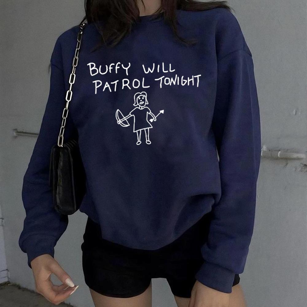 Buffy Will Patrol Tonight Sweatshirt Buffy Shirt Sunnydale High School Pullover Vampir Pullover Unisex Langarm Sweatshirts S navy blau