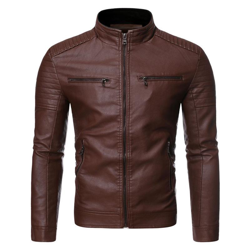 Herren Frühling und Herbst Stehkragen Gestreifte PU Lederjacke Motorrad Lederjacke M brown