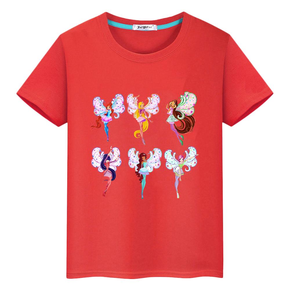 Winx Cartoon 100% Baumwolle Print T-Shirt für Kinder Jungen 10 Jahre Winx Anime Kurze süße Tops Mädchen Kleidung Y2k Stolz T-Shirt Babykleidung 160 rot