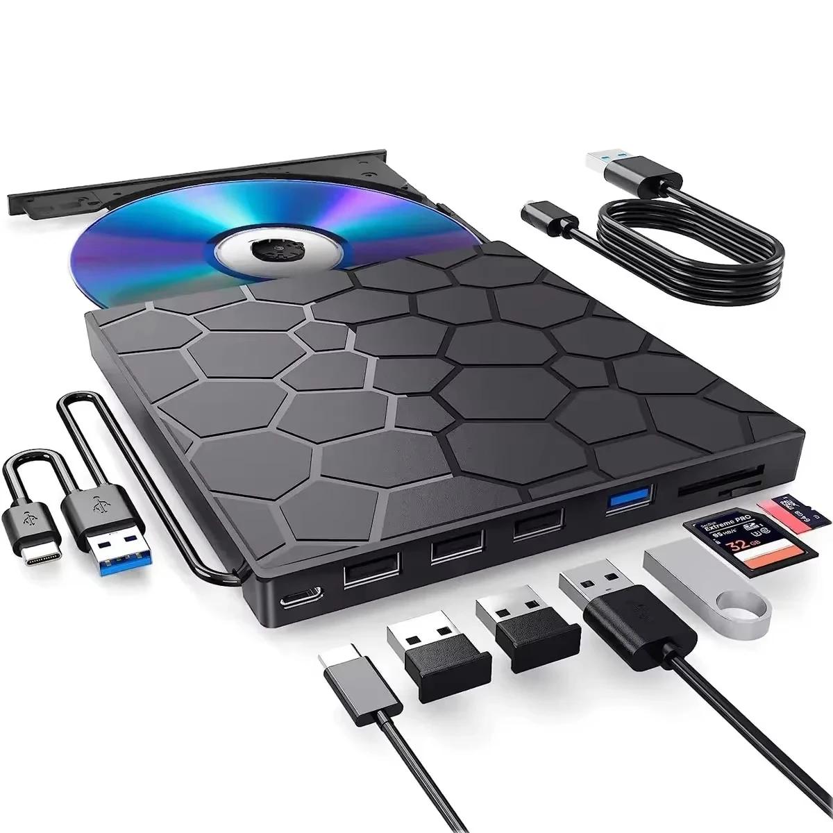 7-in-1 DVD-Player Externes CD/DVD-Laufwerk USB 3.0 Typ C CD-Brenner HUB Externes Festplattenlaufwerk für Desktop Mac Windows Linux schwarz