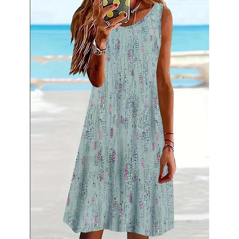 Sommer Damenkleider Strand Lässiger Stil Ärmellose Kleider Blumenmuster Rundhals Kleider Locker 5XL