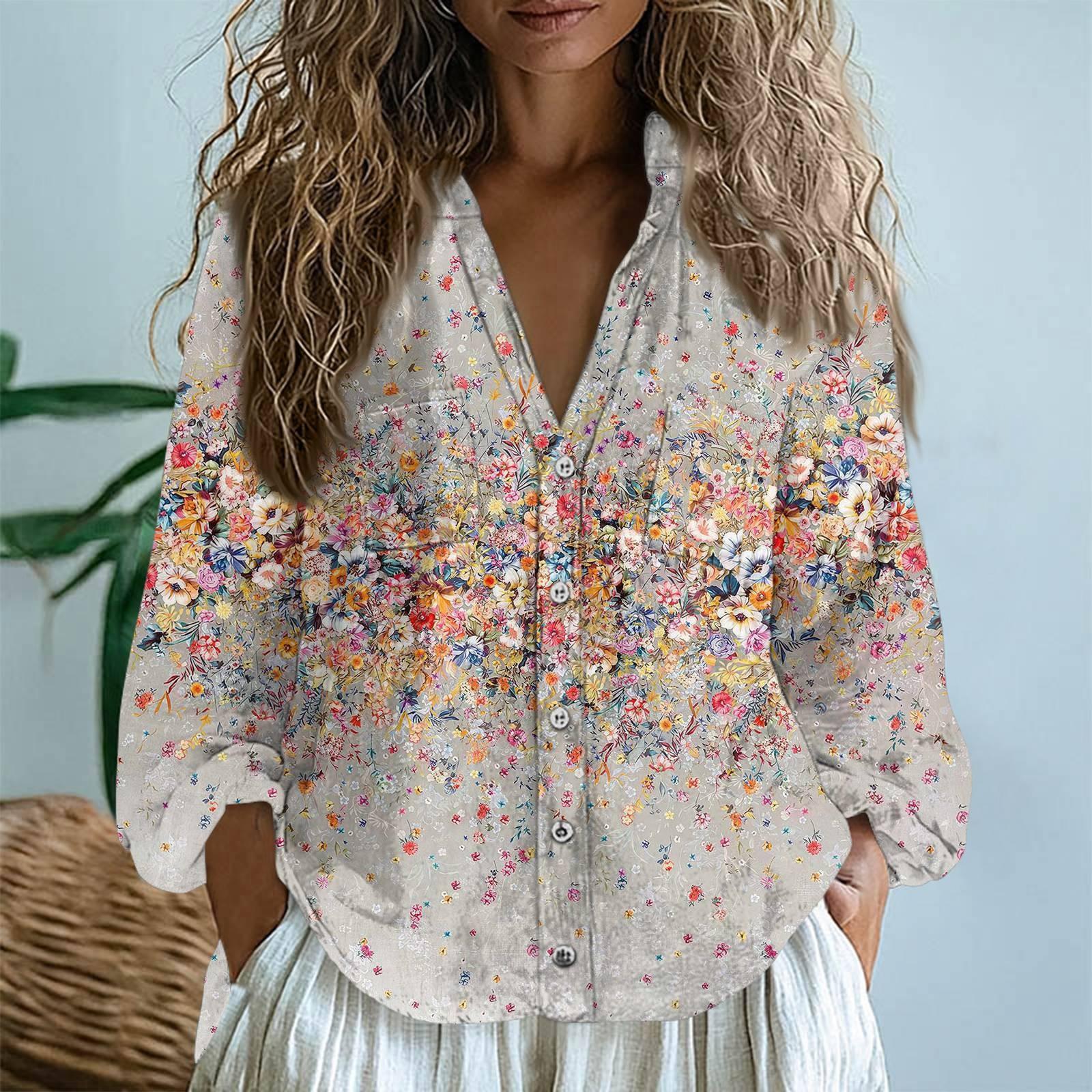 Damen Blusen Langarmshirt Baumwolle Leinen Lose V-Ausschnitt Boho Tees Vintage Blusen S