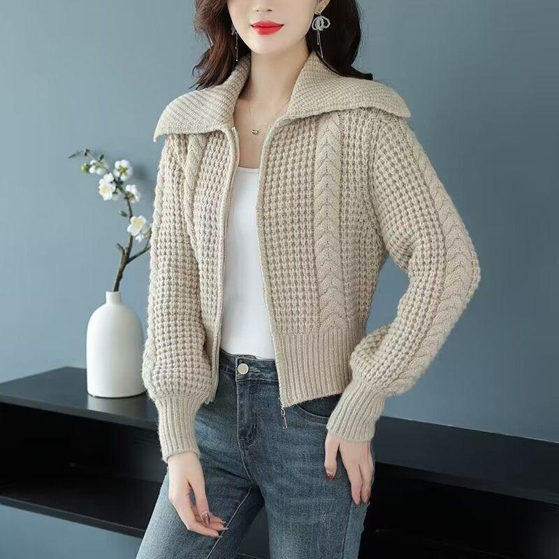 Frauen Strickjacke Reißverschluss Pullover Jacke Kurze Herbst und Winter 2022 lässig solide Langarm Revers Strickjacke Pullover weiblich One Size beige
