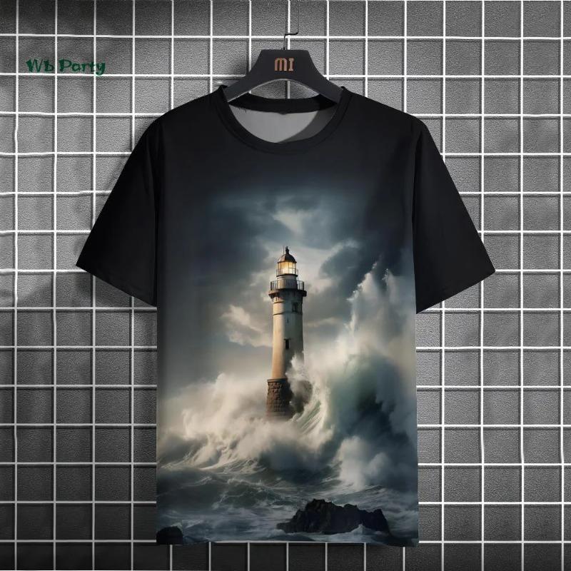 Leuchtturm 3D Gedruckte Herren Kurzarm T-Shirts Hip Hop Street Tops Lässige Lockere Herrenbekleidung XL