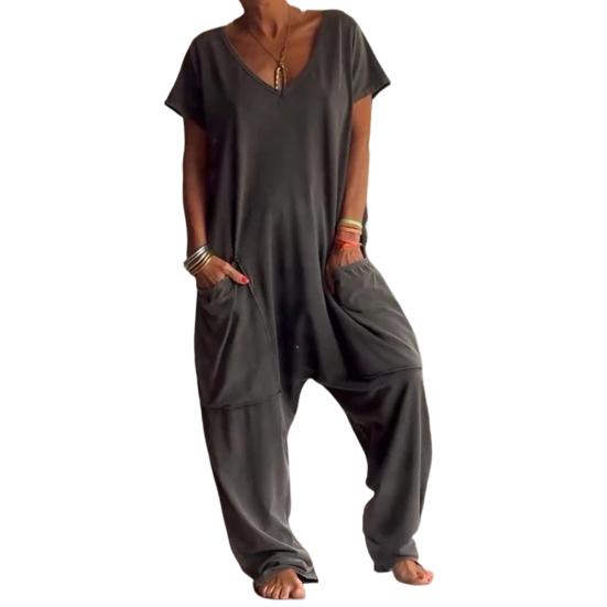 Damen-Jumpsuit mit V-Ausschnitt, kurzen Ärmeln, tiefem Schritt, locker, einfarbig, große Taschen, volle Länge, lässiger Jumpsuit für den Alltag M schwarz