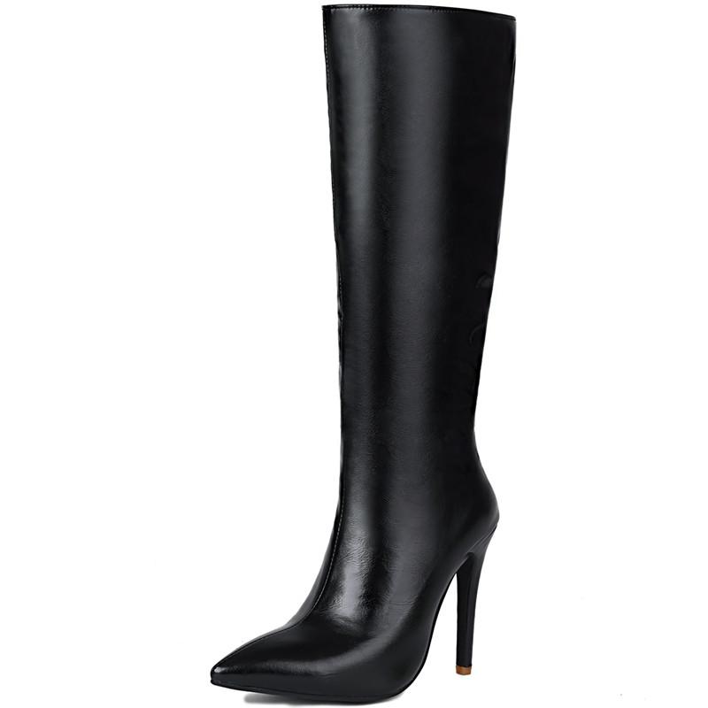 Damen Kniehohe Stiefel Spitzzehe Dünner Hoher Absatz Winter Party Schuhe Damen Rot Schwarz Blau Lange Stiefel Schuhe Übergröße Schuhe 46 schwarz
