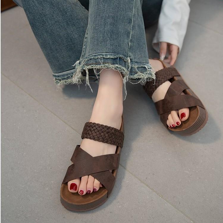 Mode Frauen Hausschuhe Plus Größe frauen Schuhe Retro Römischen Sandalen Frauen Pu Casual Blume Keil Sandalen Plattform Hausschuhe 35 dunkelbraune