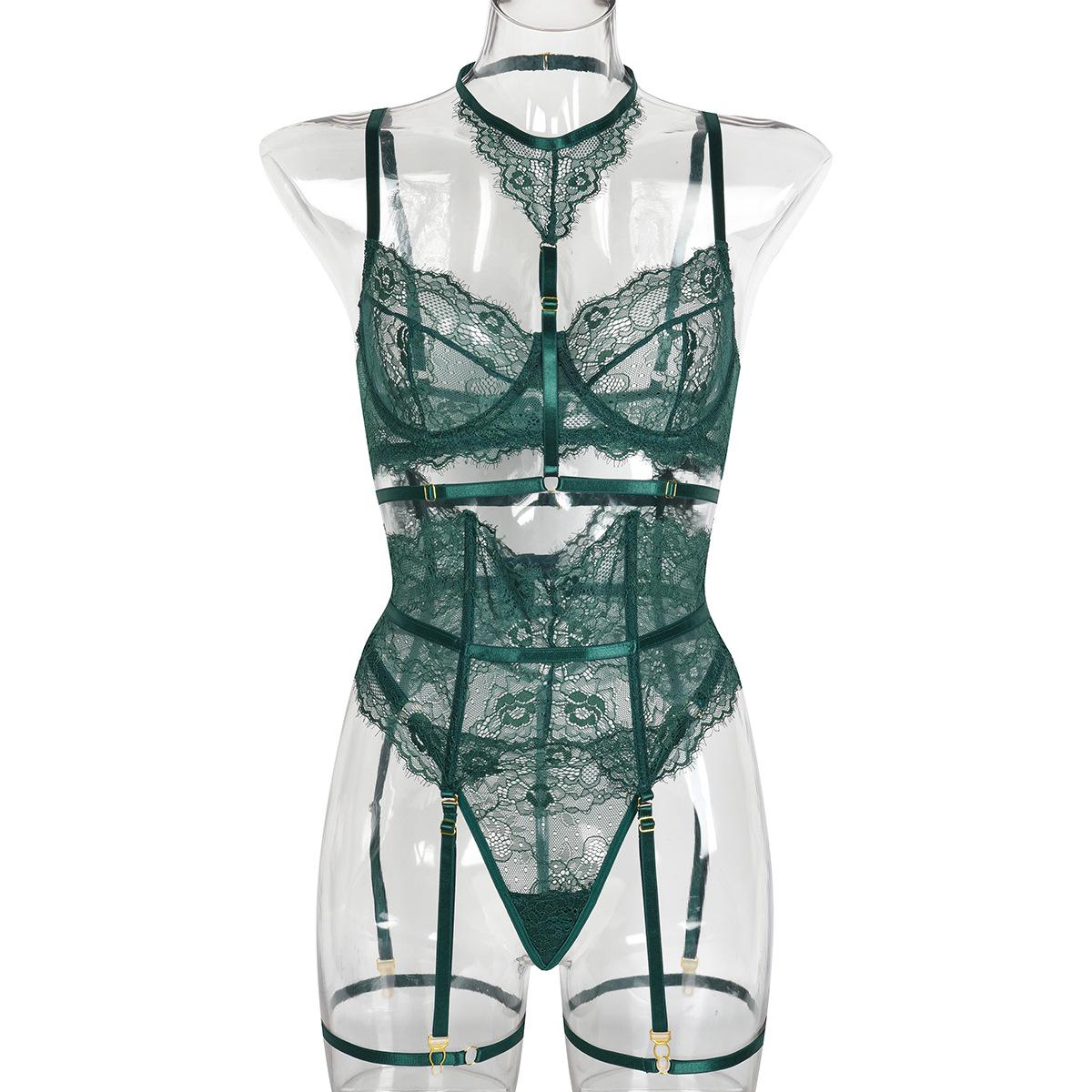 Damen-Dessous, zweiteilige Sets, Damen-Spitzen-BH und Höschen-Set, einfarbig, Schnür-Dessous-Set, Party-Unterwäsche M grün