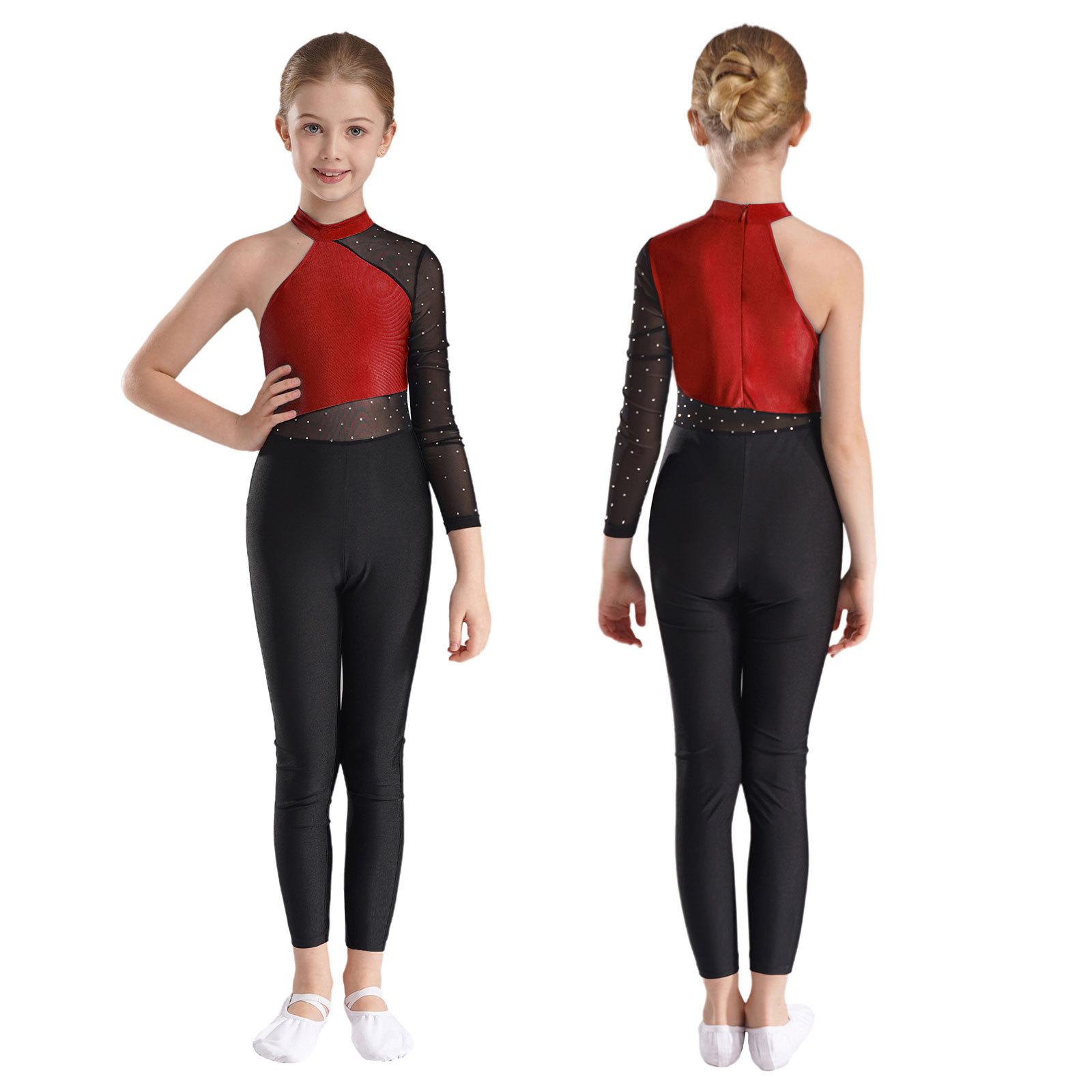 Mädchen Ganzkörper-Overall mit Netzärmeln, Gymnastik-, Ballett- und Modern-Tanz-Uniform, Ganzanzug, Eiskunstlauf-Wettkampfkostüm 13-14 Years bordeaux
