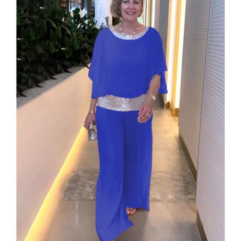 YYFS Damenmode Casual Frühling Herbst Einfarbig Druck 1/2 Ärmel O Hals Hosen Anzüge XXL blau