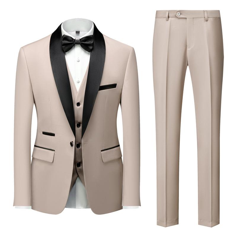 Herrenanzug mit Revers, schwarzer Kragen, 3-teilig, Mantel, Weste, Hose/Business, Trauzeugen, Bräutigam, Hochzeitskleid, Blazer, Hose L hellbraun