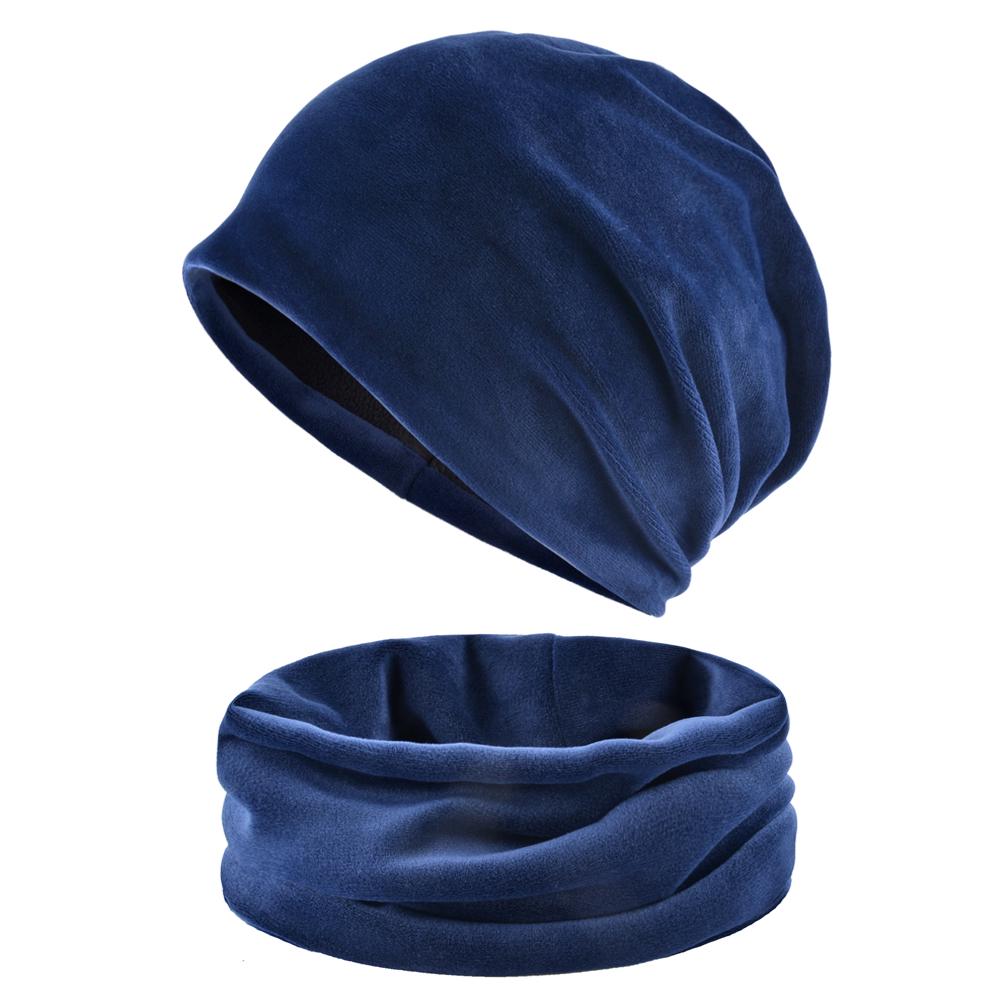 Einfarbiges Mützen- und Schal-Set für Damen, warme Samtmütze, Wintermütze, Turbanmütze für Damen 55-58CM blau