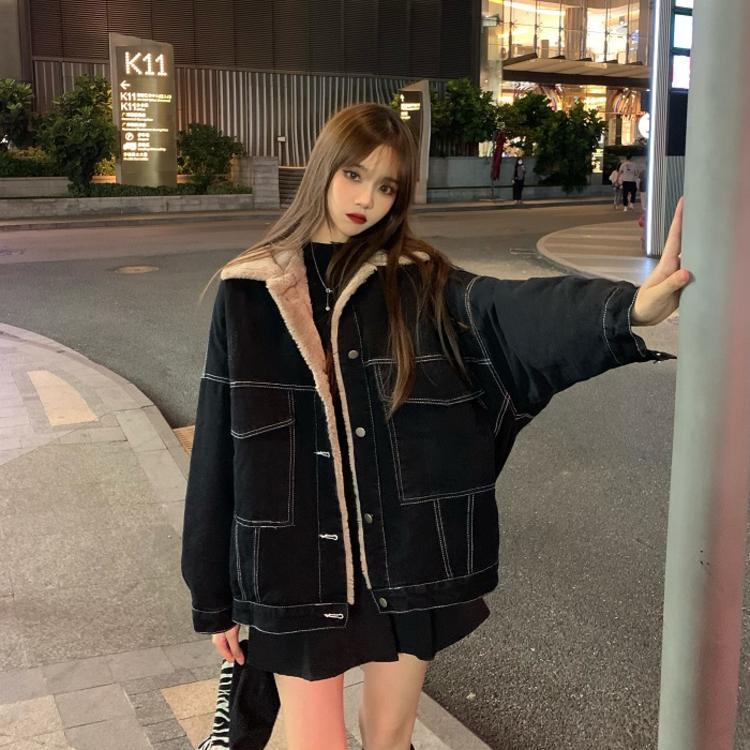 Schwarze Jeansjacke, warm, verdickt, lockerer Plüschmantel für Damen, einreihige Schnalle, lässige Arbeitskleidung, Baumwolljacke für Herbst und Winter L schwarz