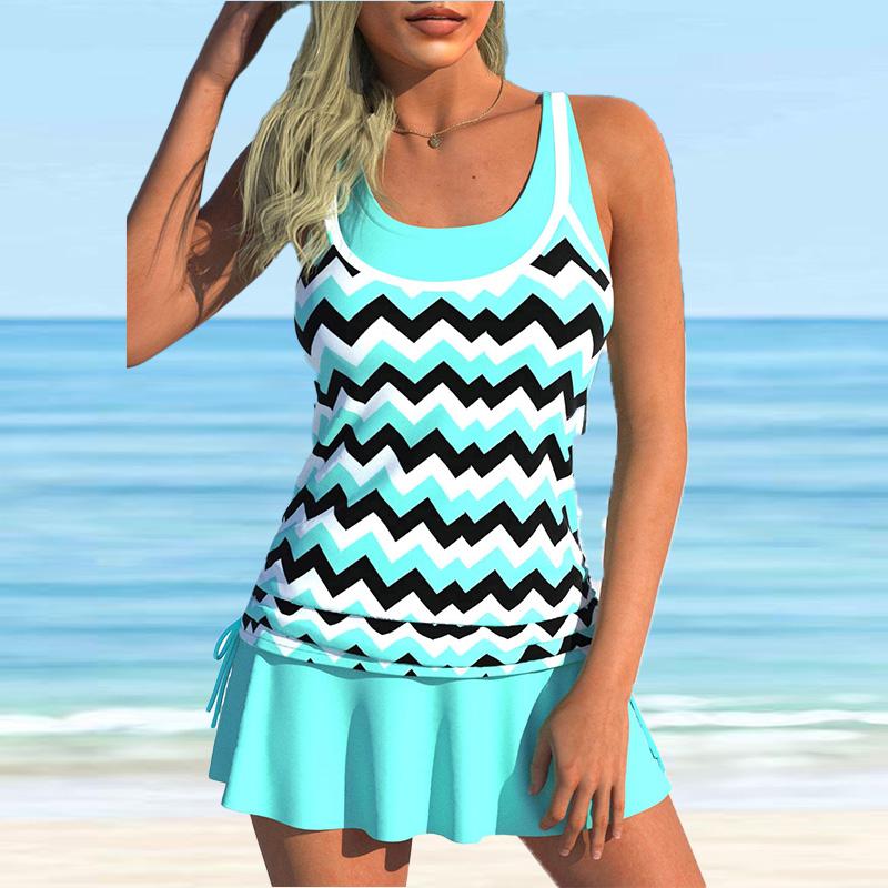 Damen-Badeanzug mit Schultergurt, hellblauer Wellen-Print, Bikini-Tankini-Badeanzug 2XL hellblaue