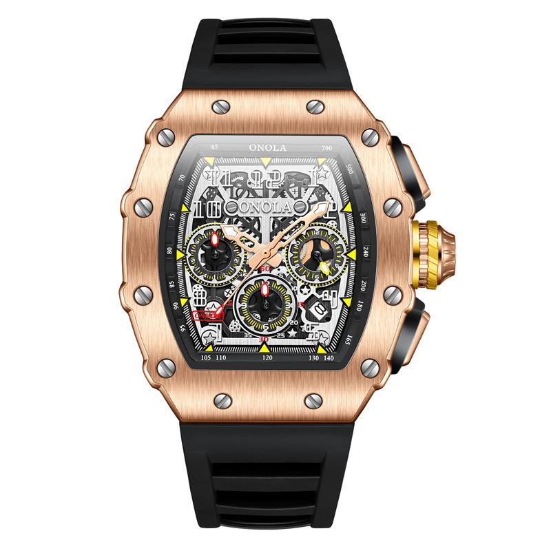 Hochwertige multifunktionale Militär-Sport-wasserdichte Herrenuhr, Silikonarmband, Quarz-Herrenuhr, Top-Marke, Luxus-Chronographenuhr schwarz/rose gold