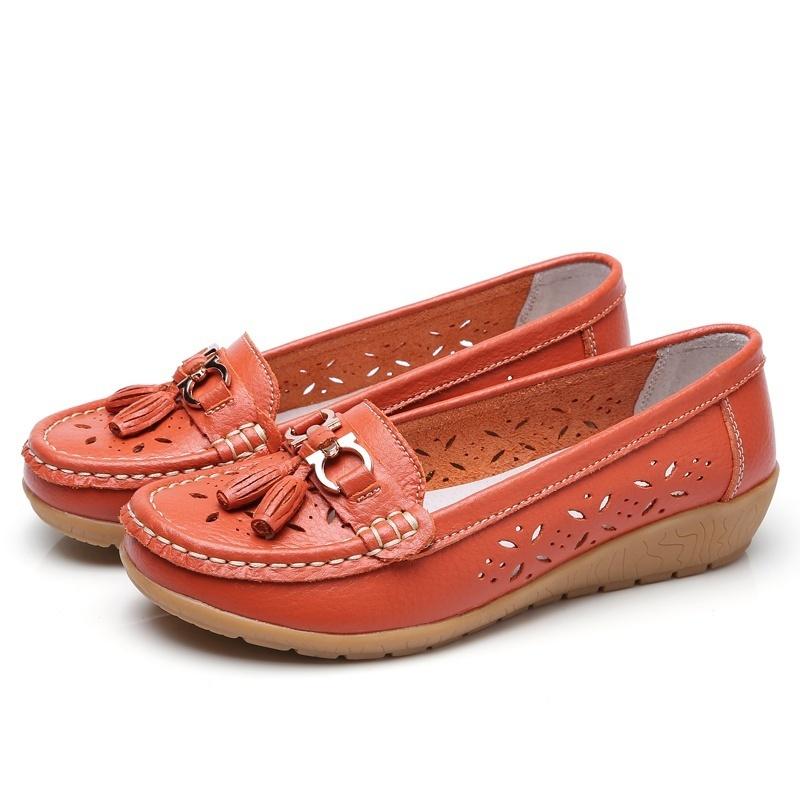 Frauen Kausalen Schuhe Leder Doug Schuhe Atmungsaktive Wohnungen Schuhe Weiche Sohle Faulenzer Zapatos De Mujer Mulheres Sapatos Plus Größe 35-44 40 orange