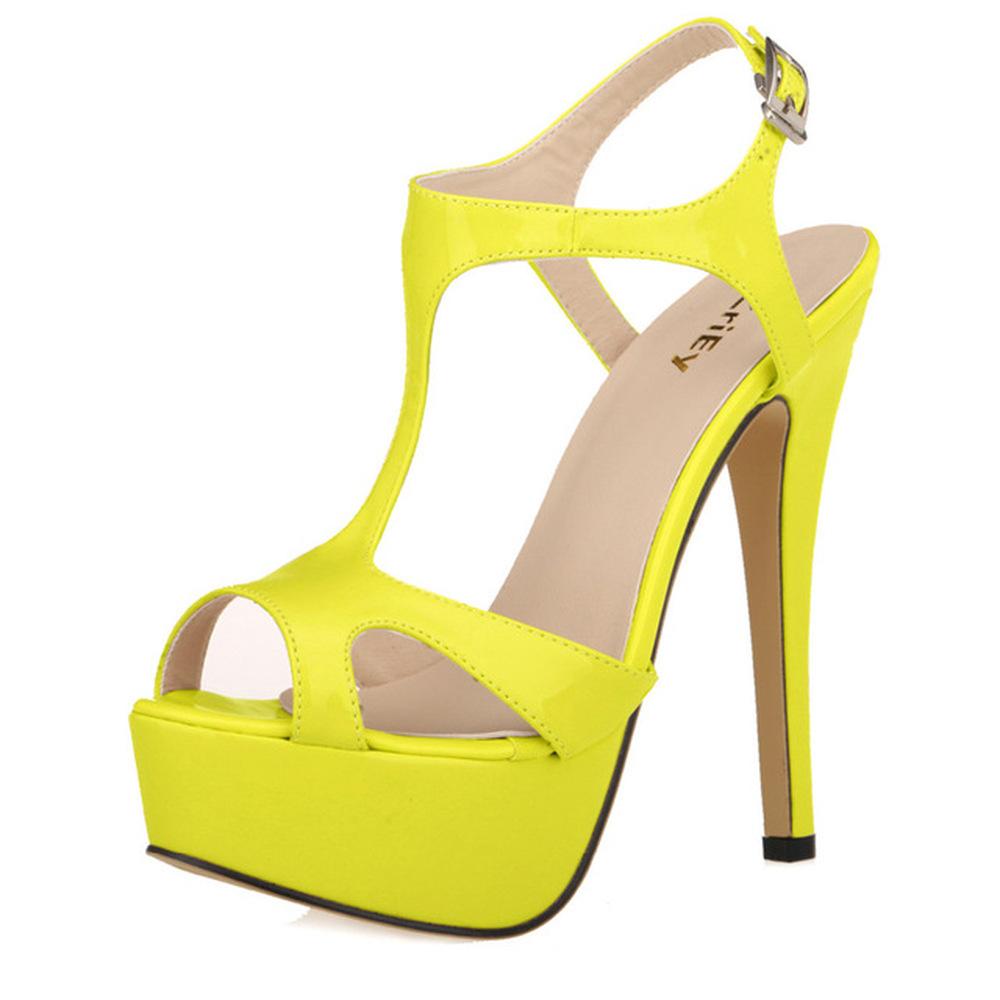 Crossdresser Unisex Herren Hot Drag Queen Plattform Stiletto High Heels Gürtelschnalle Peep Toe Schuhe Sandalen SM Gay Newhalf 43 gelb