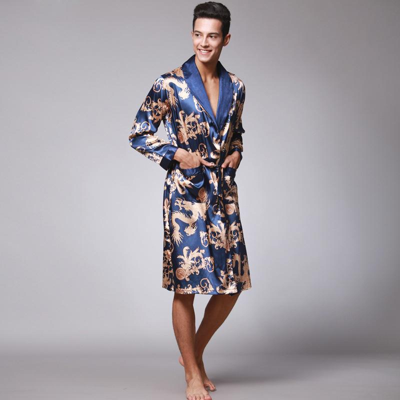 Frühling Männer Bademantel Kimono Roben V-ausschnitt Seide Männliche Nachtwäsche Nachtwäsche Mann Bademantel L blau