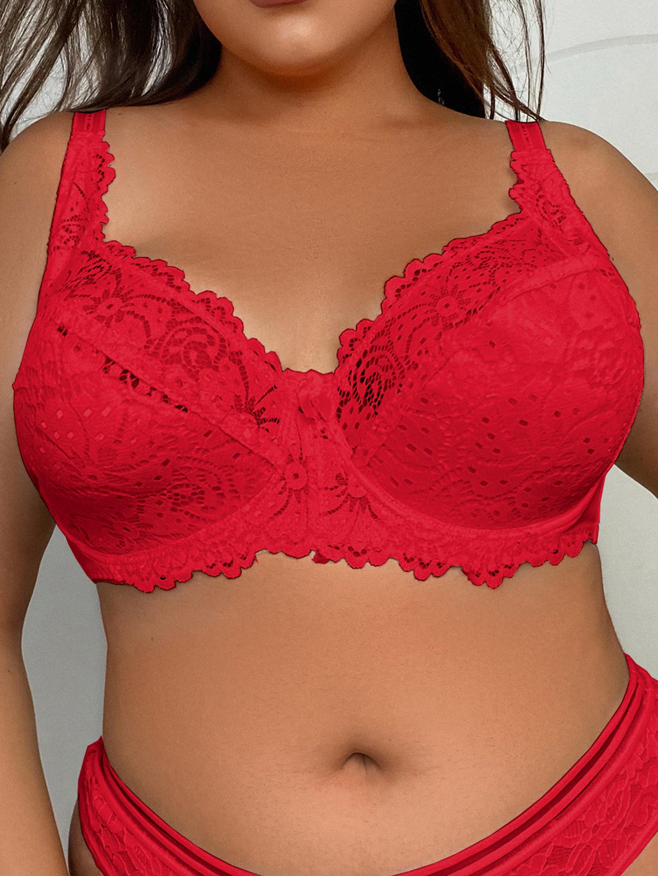 Sexy, ausgehöhlte, atmungsaktive Spitzen-BHs für Damen, ultradünner, einfarbiger BH in Übergröße 85E rot