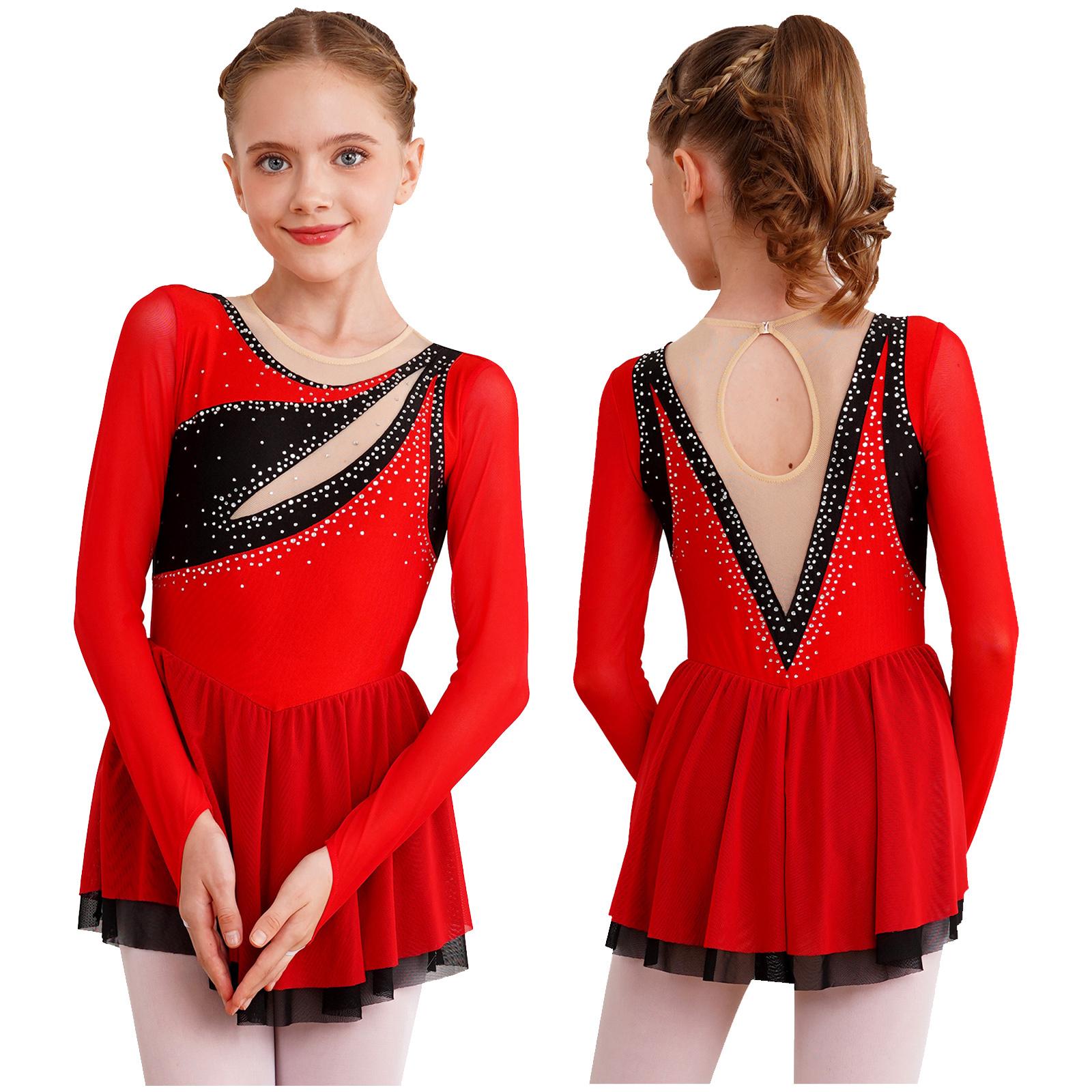 Kinder Mädchen Farbblock-Tanzkleid mit glitzernden Strasssteinen, durchsichtiges Netz, langärmlig, Schlüsselloch-Rückseite, Eiskunstlauf-Kleider 11-12 Years rot