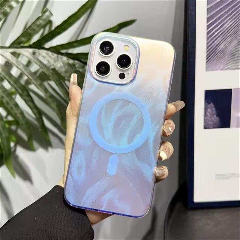 Luxuriöse Feather Laser Aurora Magsafe Hülle für iPhone 16 15 14 11 12 13 Pro Max Acrylpanzerung PC Stoßfeste Hülle für iPhone 15Pro iPhone 15 Pro Max
