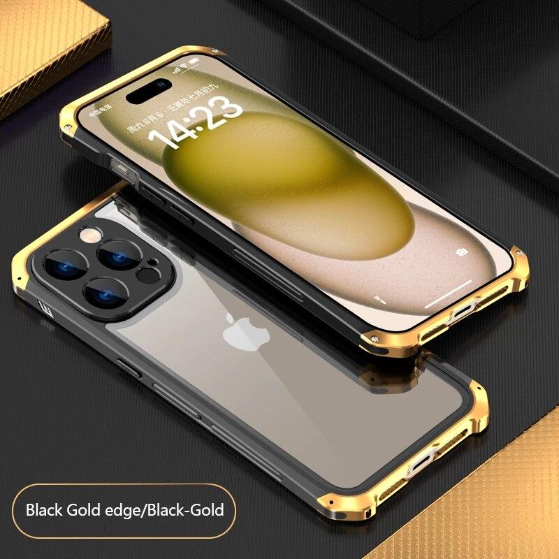 Luxus Metall Rüstung Fall für iPhone 15 Pro Max Fall stoßfest Glas Schutz zurück Abdeckung für iPhone 15 14 13 11 Pro Max Xr Xs Max For iphone 11Pro gold
