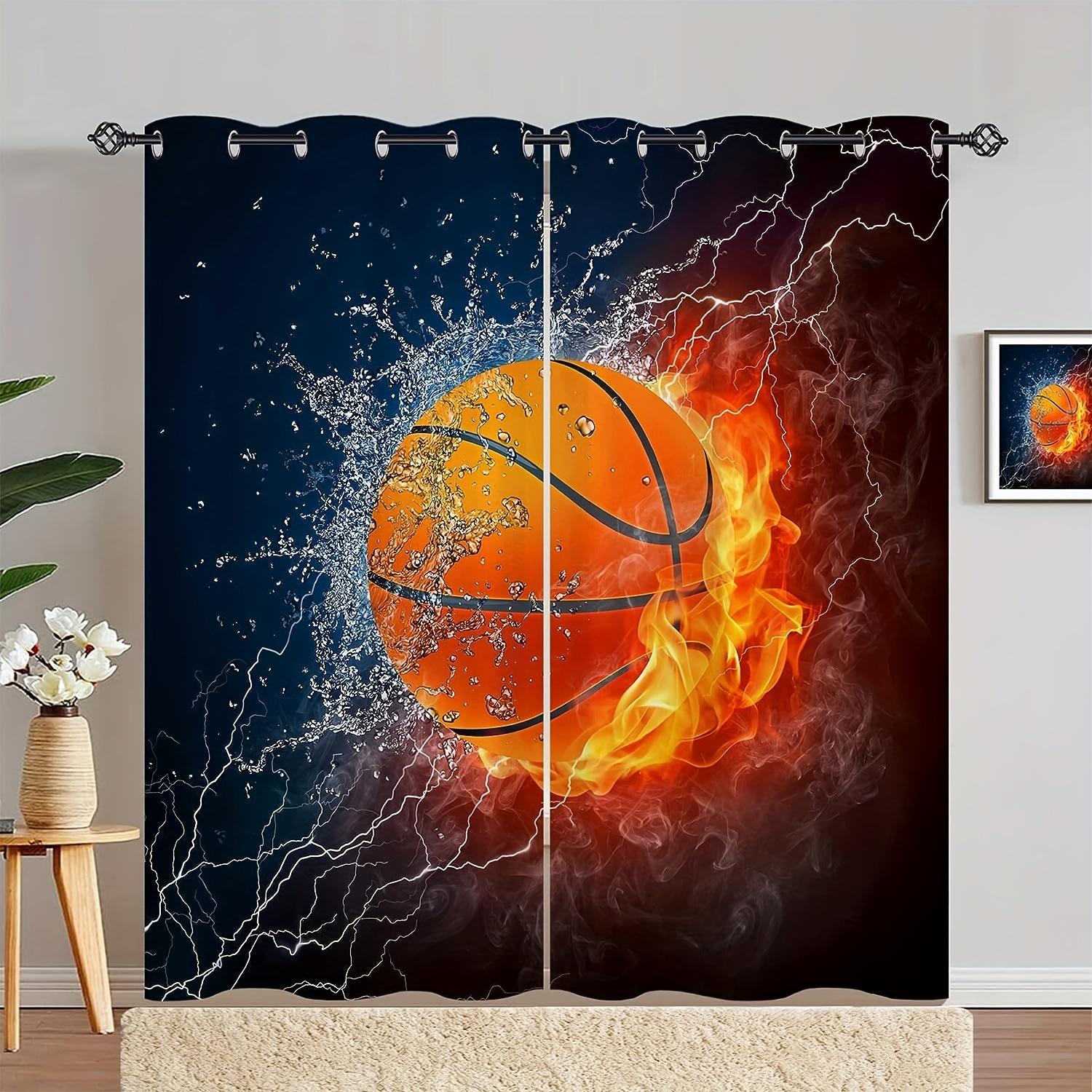 2 Vorhänge mit Flammen-Basketball-Motiv, Jungen-Basketball-Sportvorhänge, Fensterdekoration, Teenager-Kinderzimmer, Cool 3D-Basketball-Druck. 150x166cm orange